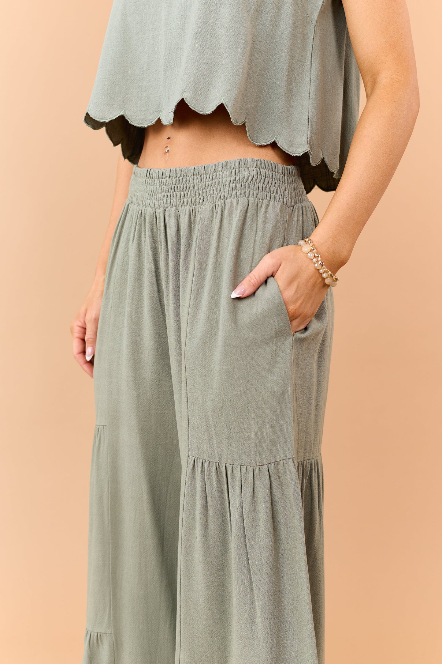Dark Sage Linen Blend Flowy Wide Leg Pants