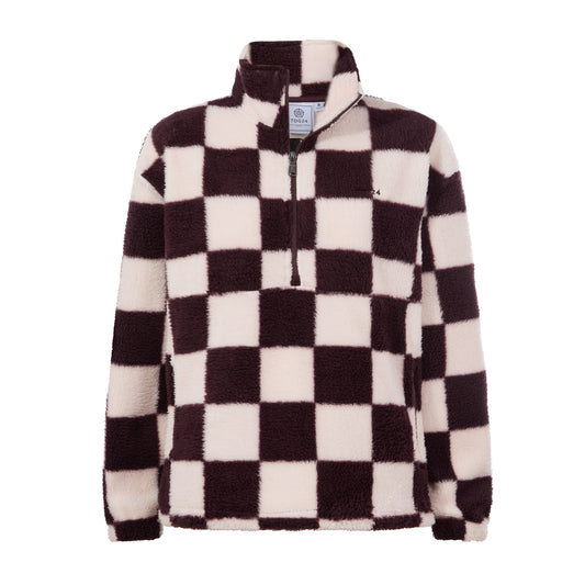 Sara Womens Relaxed Fit Sherpa Fleece Zip Neck - Huckleberry Checkerboard