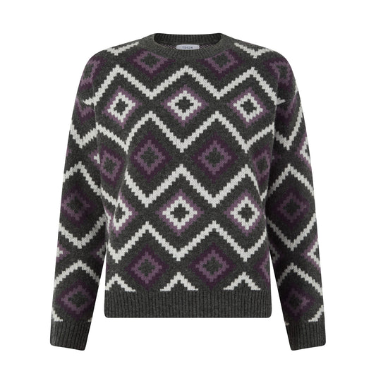 Solana Womens Chunky Fairisle Inspired Knit Jumper - Dark Grey Melange