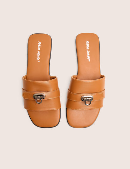 Radiance Wide Fit Brown Buckle Trim Flat Sandals