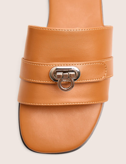 Radiance Wide Fit Brown Buckle Trim Flat Sandals