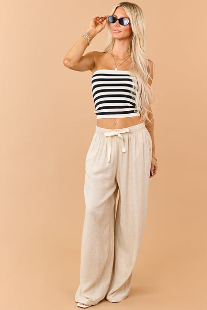 Beige Linen Blend Drawstring Wide Leg Pants