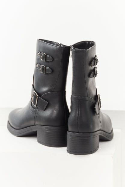 Black Faux Leather Buckle Detail Block Heel Boots