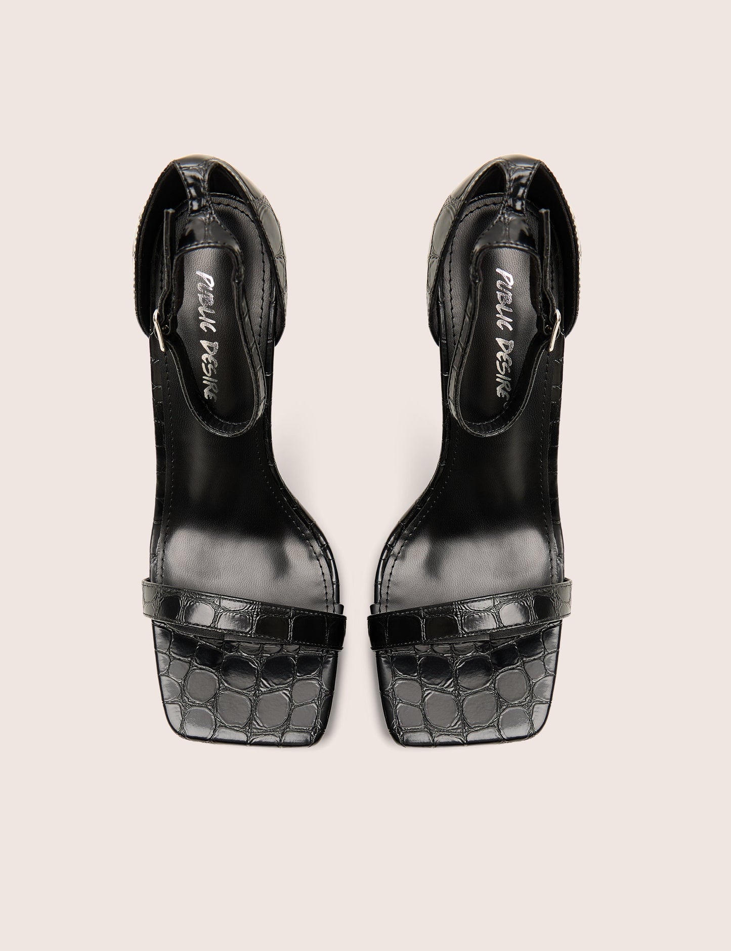Chaos Black Croc Square Toe Strappy Barely There Stiletto Heels