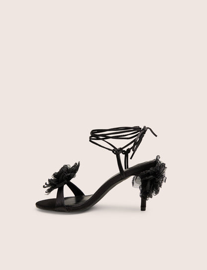 Classy Black Ruffle Flower Detail Mid Heels