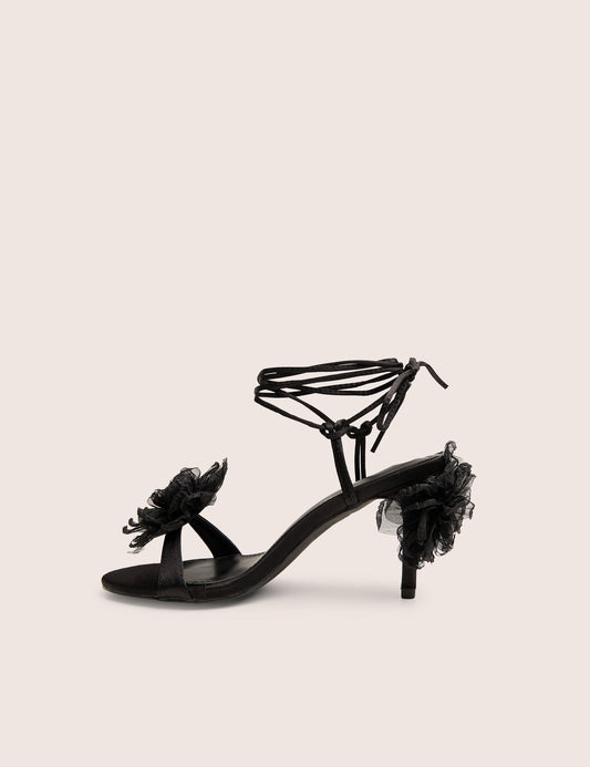 Classy Black Ruffle Flower Detail Mid Heels