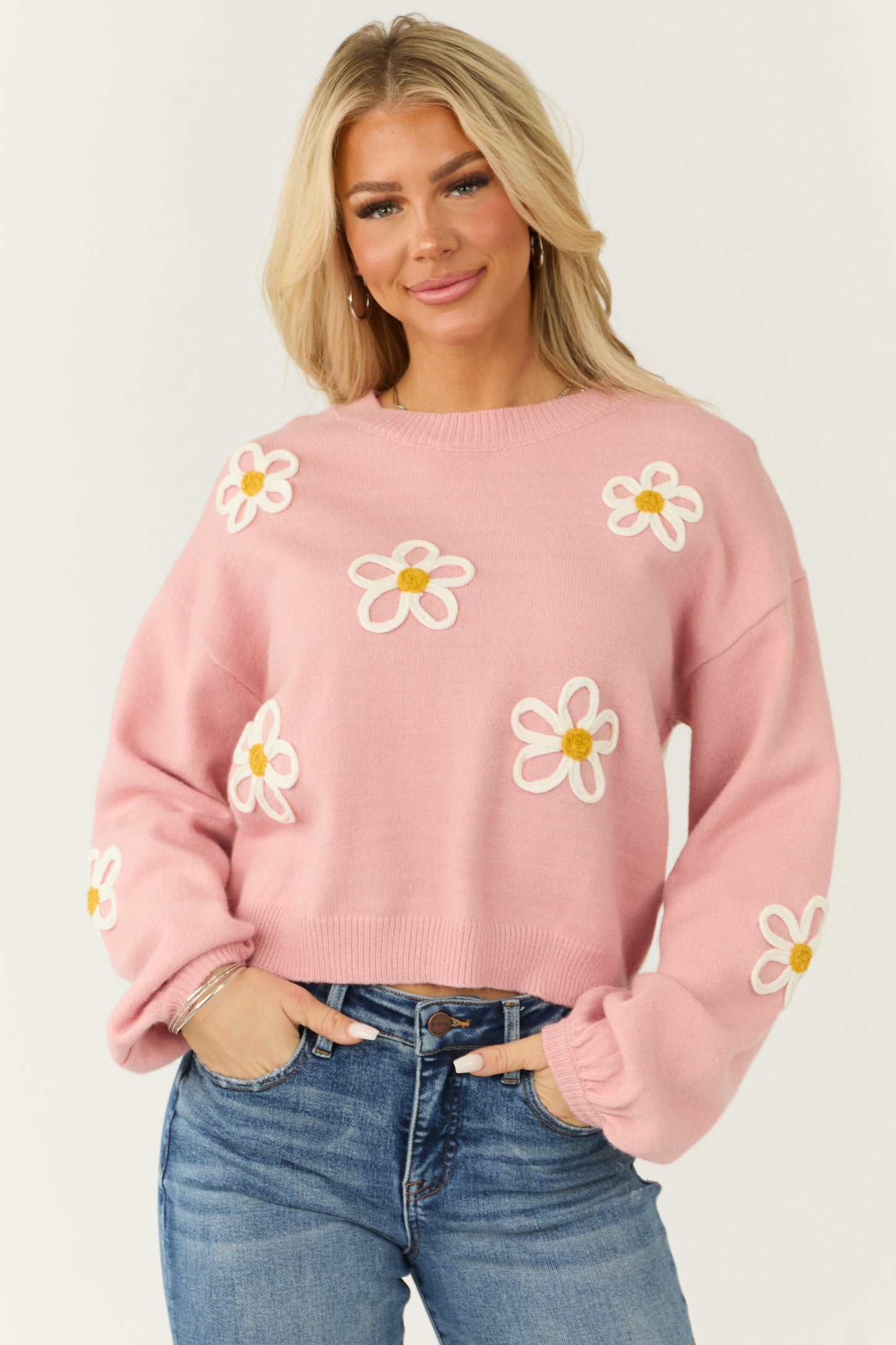 Carnation Floral Embroidered Puff Sleeve Sweater