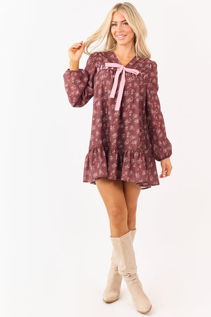 Chocolate Floral Print Front Bow Mini Dress