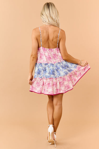 Cream Colorblock Floral Tiered Frill Mini Dress