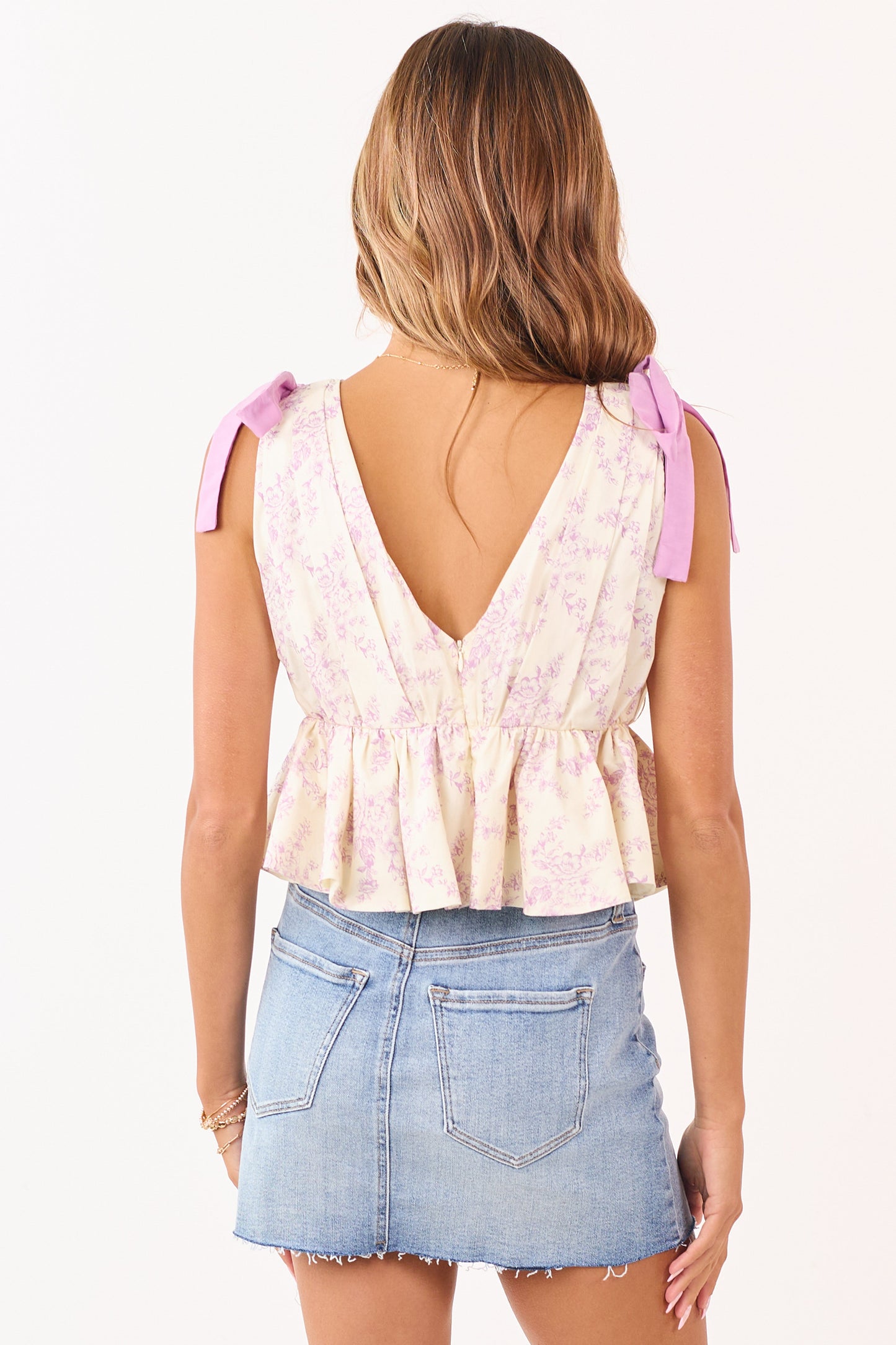 Cream Vintage Floral Ruffle Hem Cotton Tank Top
