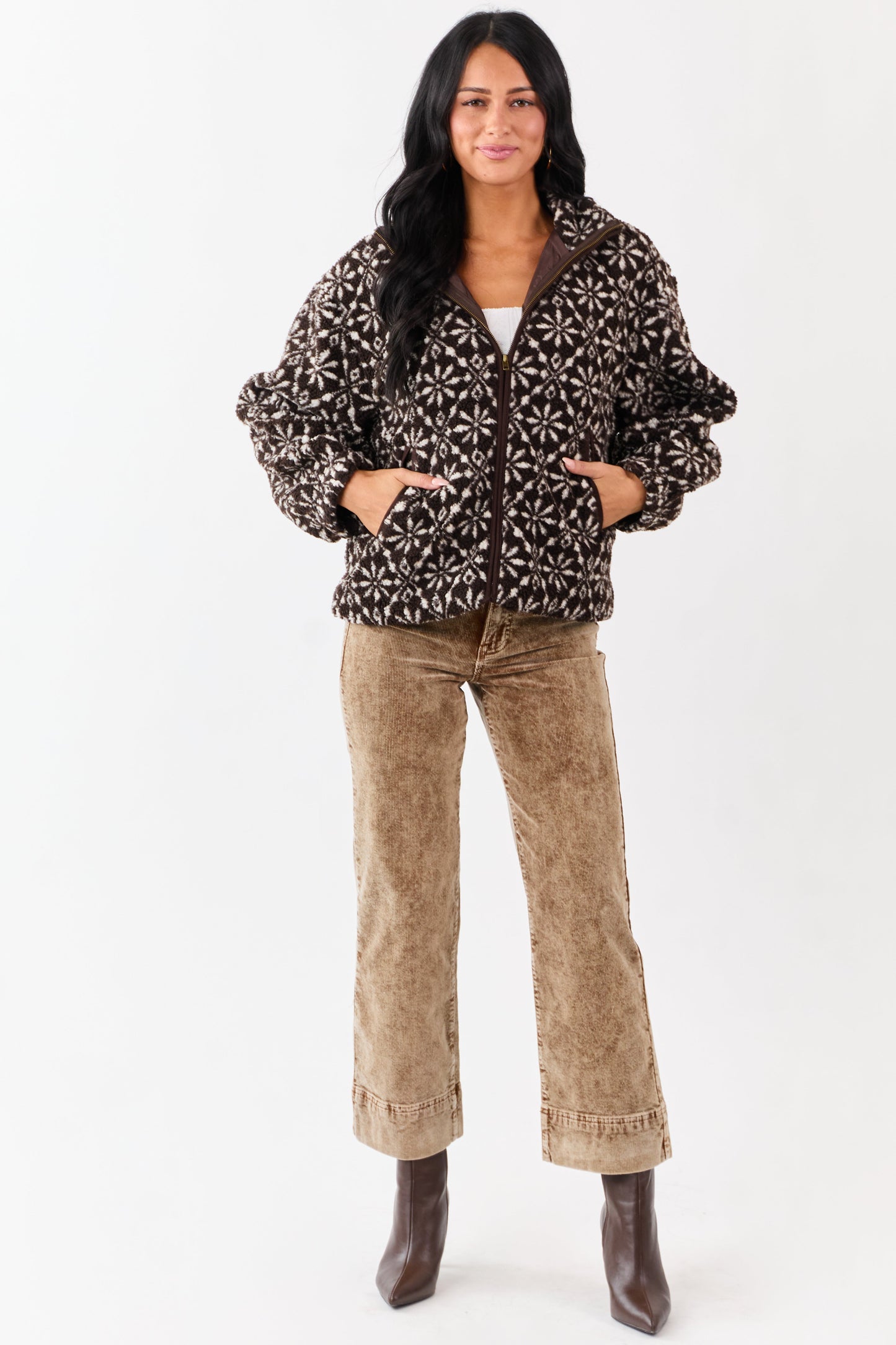 Dark Cocoa Snowflake Pattern Zip Up Sherpa Jacket