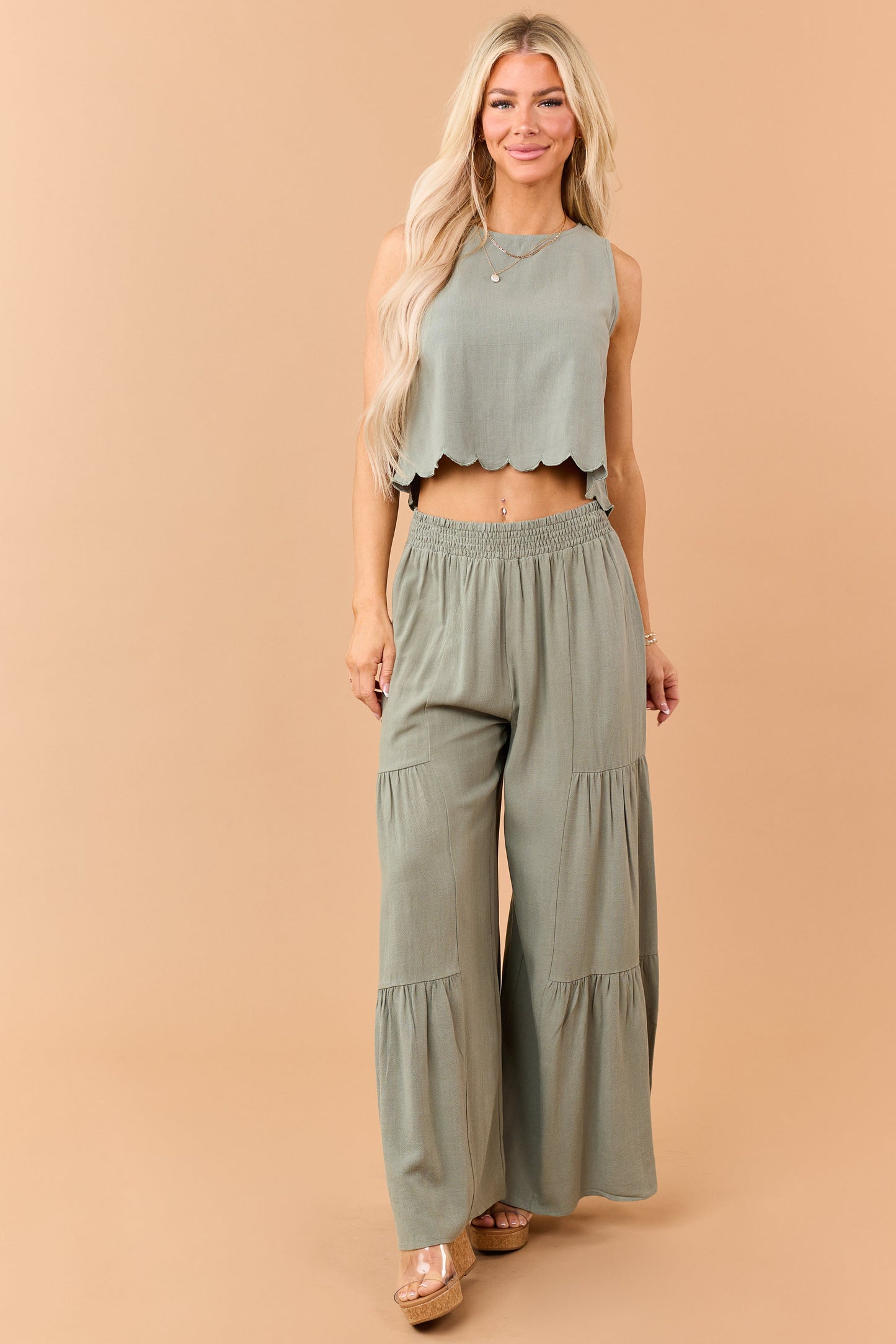 Dark Sage Linen Blend Scalloped Hem Tank Top