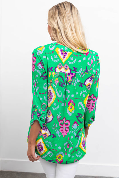 Kelly Green Printed 3/4 Sleeve Blouse
