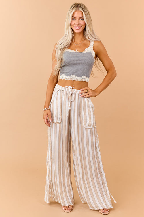 Latte Cotton Striped Elastic Waistband Pants