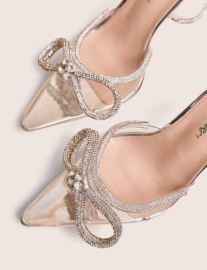 Midnight Clear Perspex Wrap Around Diamante Bow Pointed Toe High Heels