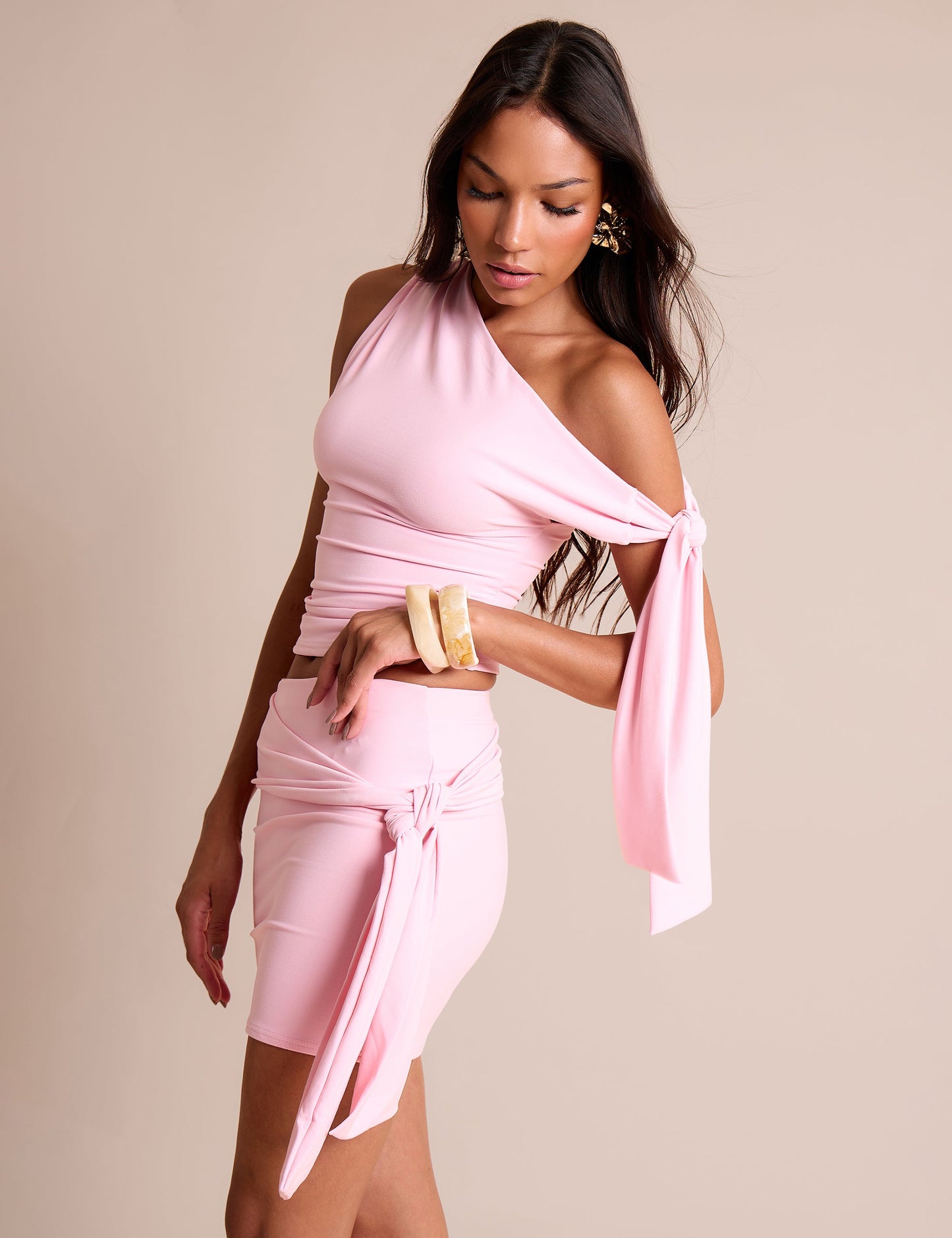 Knot Detail Luxe Slinky Mini Skirt Soft Pink