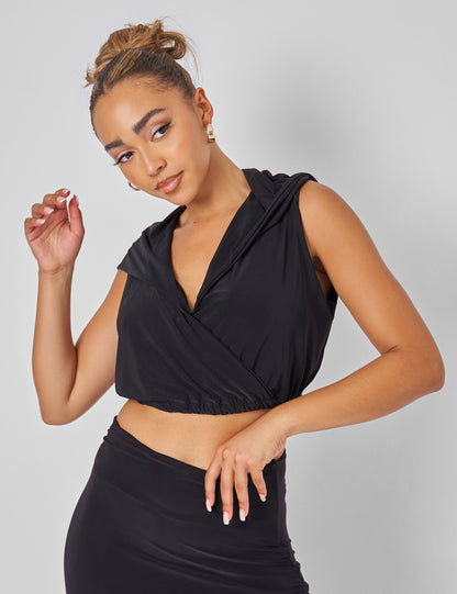 Sleeveless Wrap Front Top With Hood Black